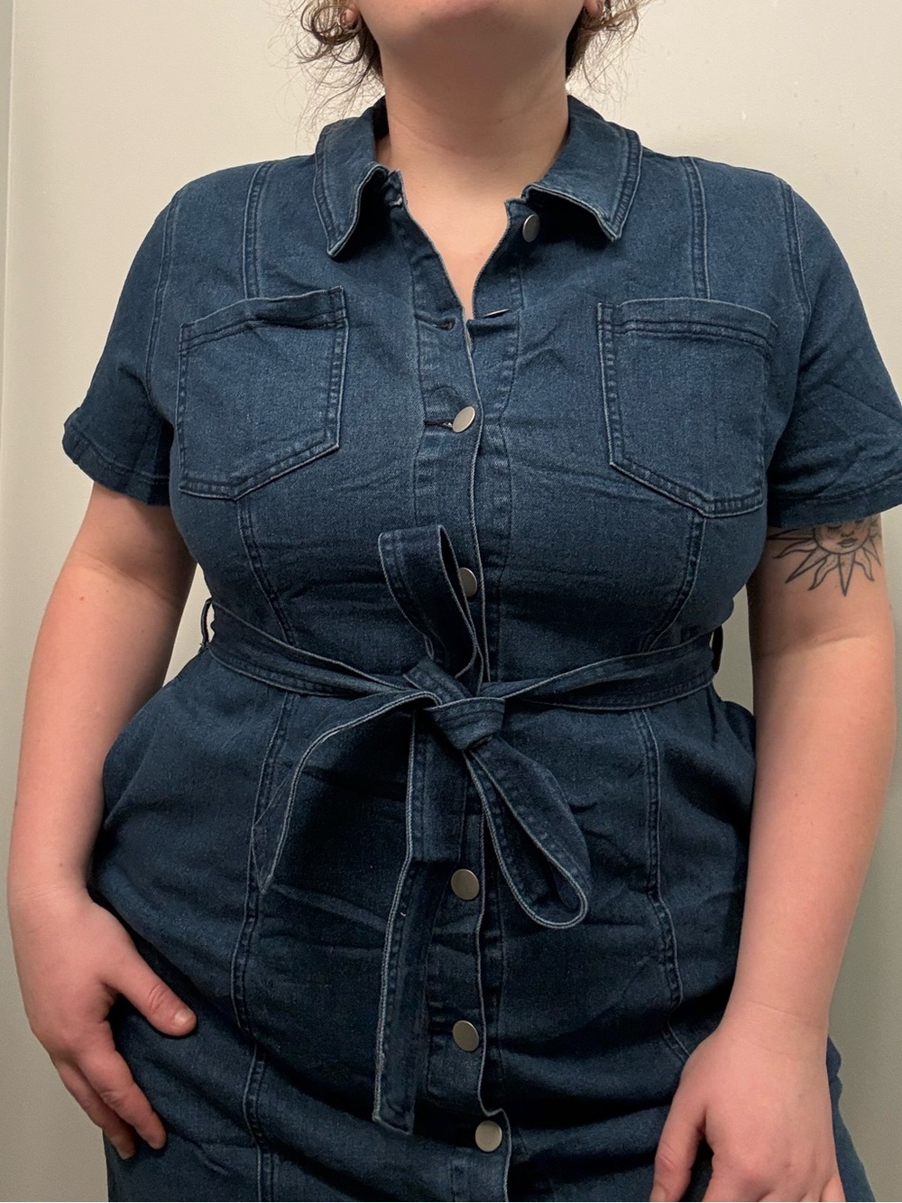 Allegra K Dark Denim Button-up Mini Dress with Tie Belt